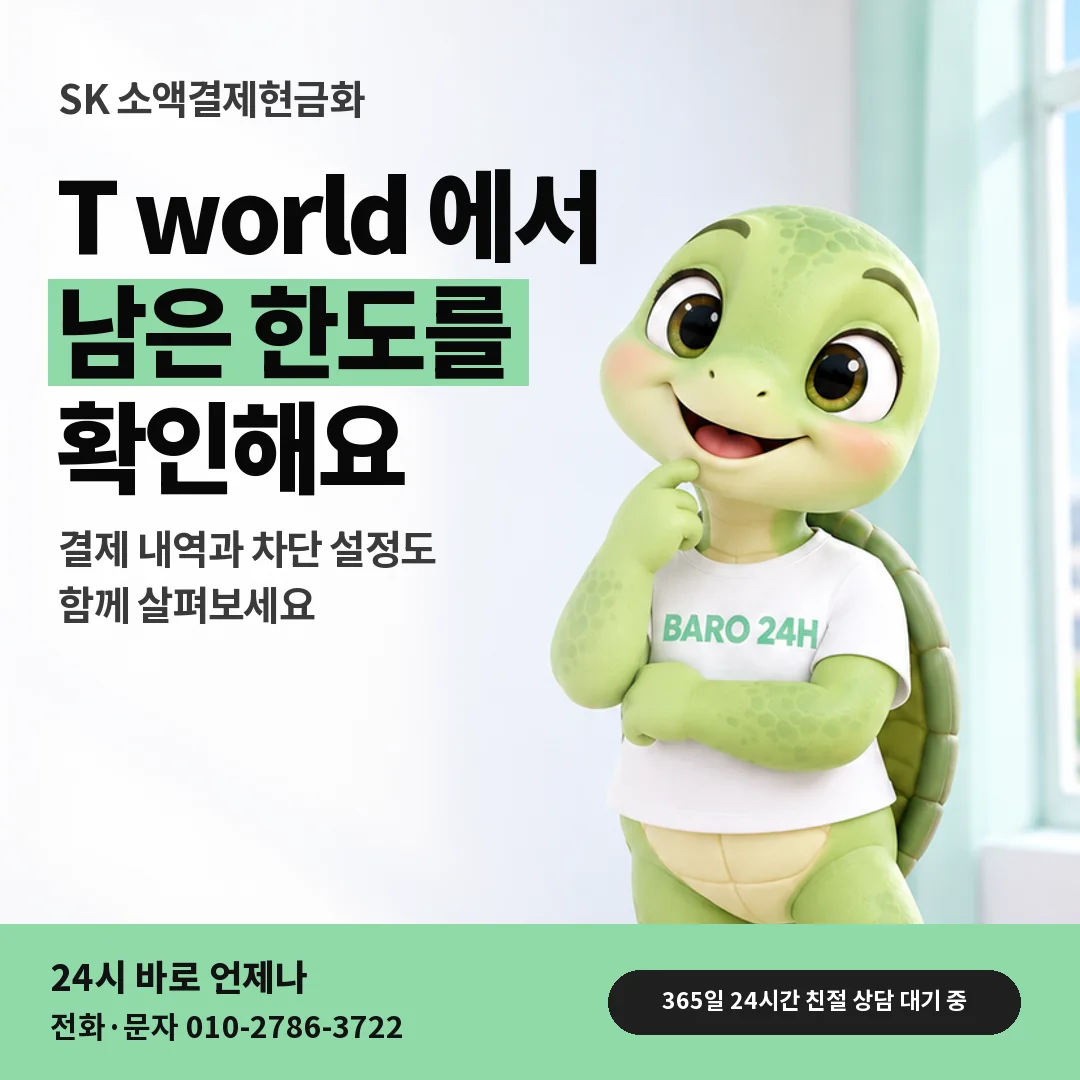 휴대폰을 보며 웃는 BARO 24H 티셔츠를 입은 3D 거북이 캐릭터 옆에 「SK T world 한도 확인」 제목을 얹은 안내 카드