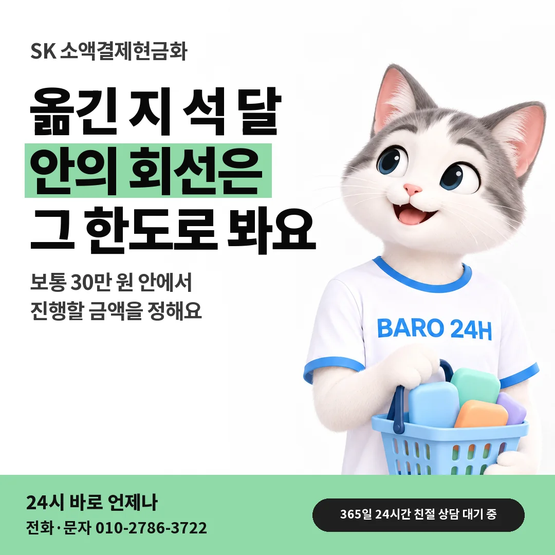 BARO 24H 티셔츠를 입은 3D 동물 캐릭터 옆에 「SK 옮긴 뒤 첫 석 달」 제목을 얹은 안내 카드